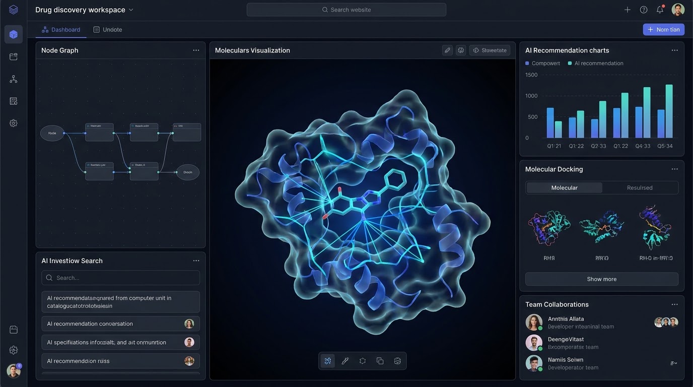 Plexus Labs interface showing 3D molecular visualization and node graphs